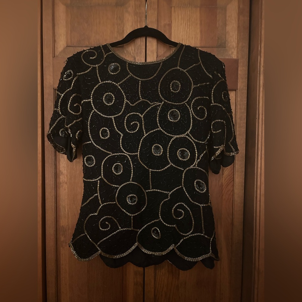 Stenay (Sténay) Women’s Vintage Sz M Black & Gold Beaded Silk Formal Blouse Top